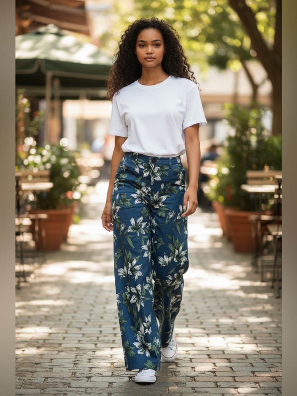 Moon River Wide-Leg Floral Print Pants - Navy